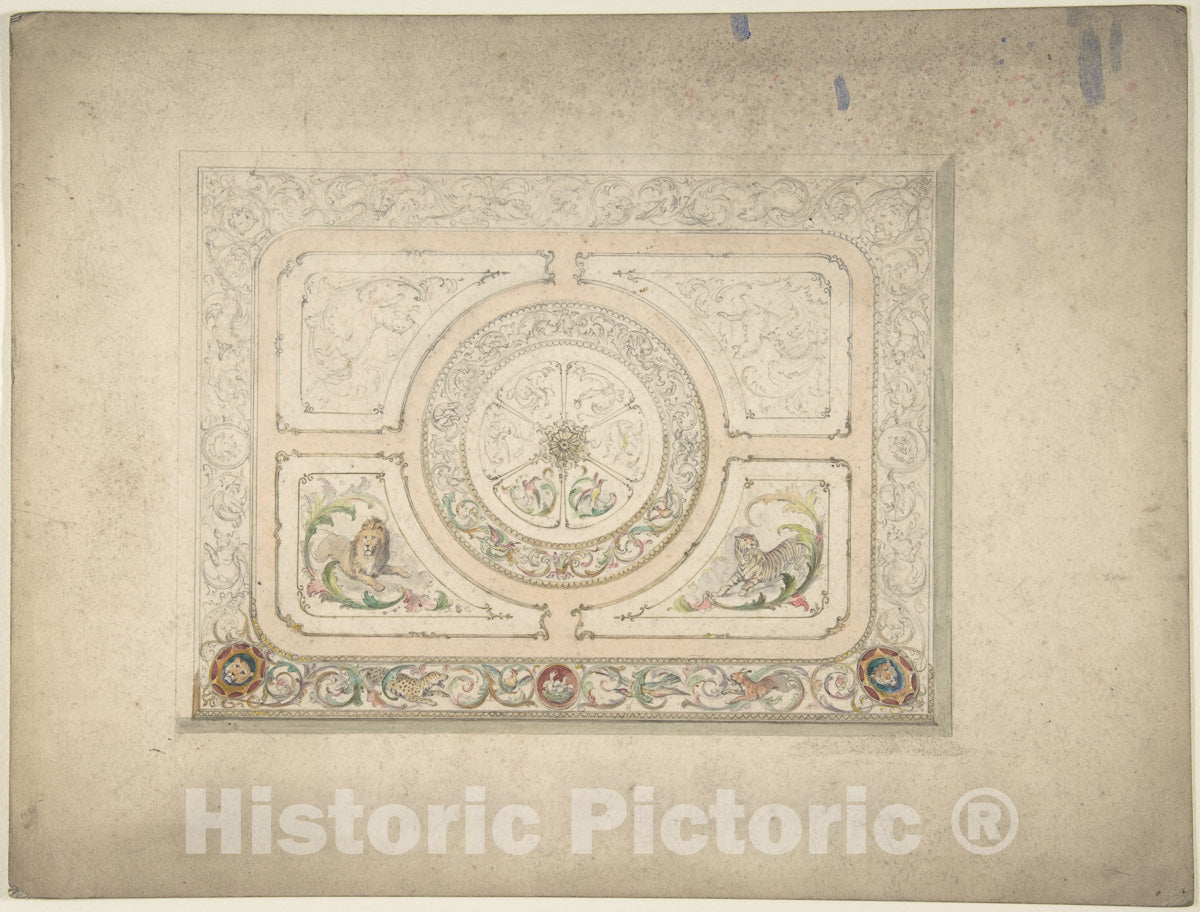 Art Print : British, 19th Century - Design for a Ceiling with Lion and Lioness : Vintage Wall Art