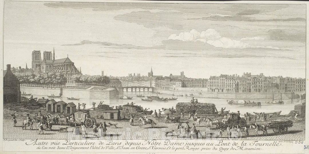 Art Print : Jacques Rigaud - Autre Vue Particulière de Paris Depuis Nôtre Dame, Jusques au Pont de la Tournelle : Vintage Wall Art