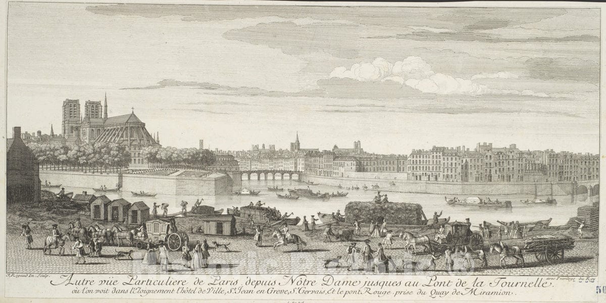 Art Print : Jacques Rigaud - Autre Vue Particulière de Paris Depuis Nôtre Dame, Jusques au Pont de la Tournelle : Vintage Wall Art