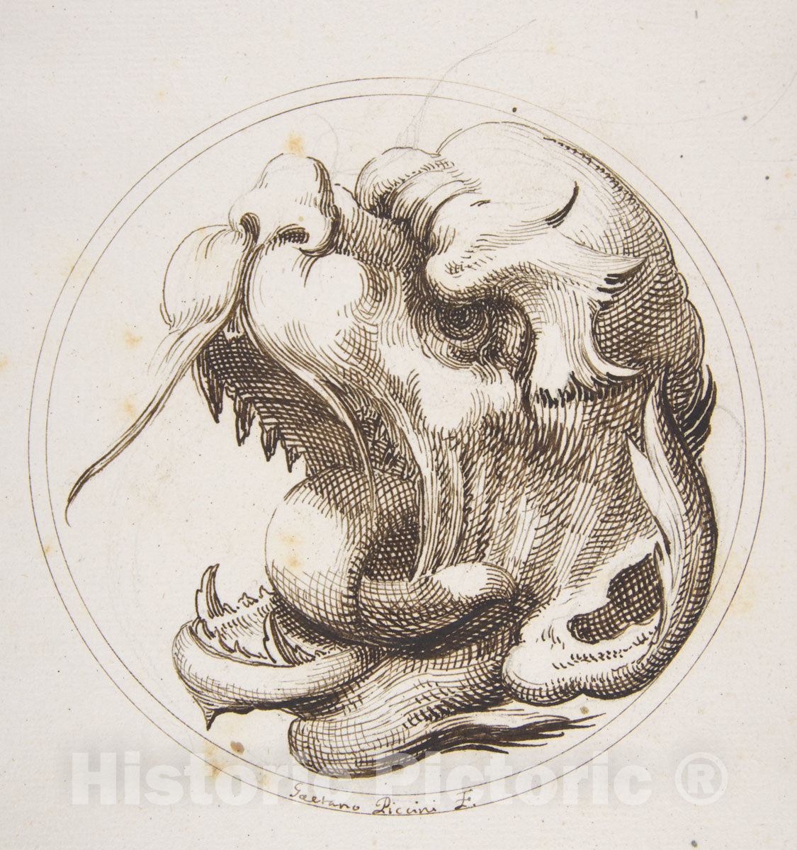 Art Print : Gaetano Piccini - Large Grotesque Head with an Open Mouth Looking to The Left Within a Frame : Vintage Wall Art