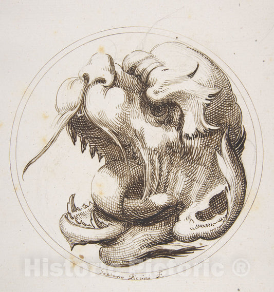 Art Print : Gaetano Piccini - Large Grotesque Head with an Open Mouth Looking to The Left Within a Frame : Vintage Wall Art
