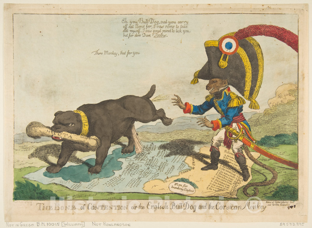 Art Print : Charles Williams - The Bone of Contention or The English Bull Dog and The Corsican Monkey : Vintage Wall Art