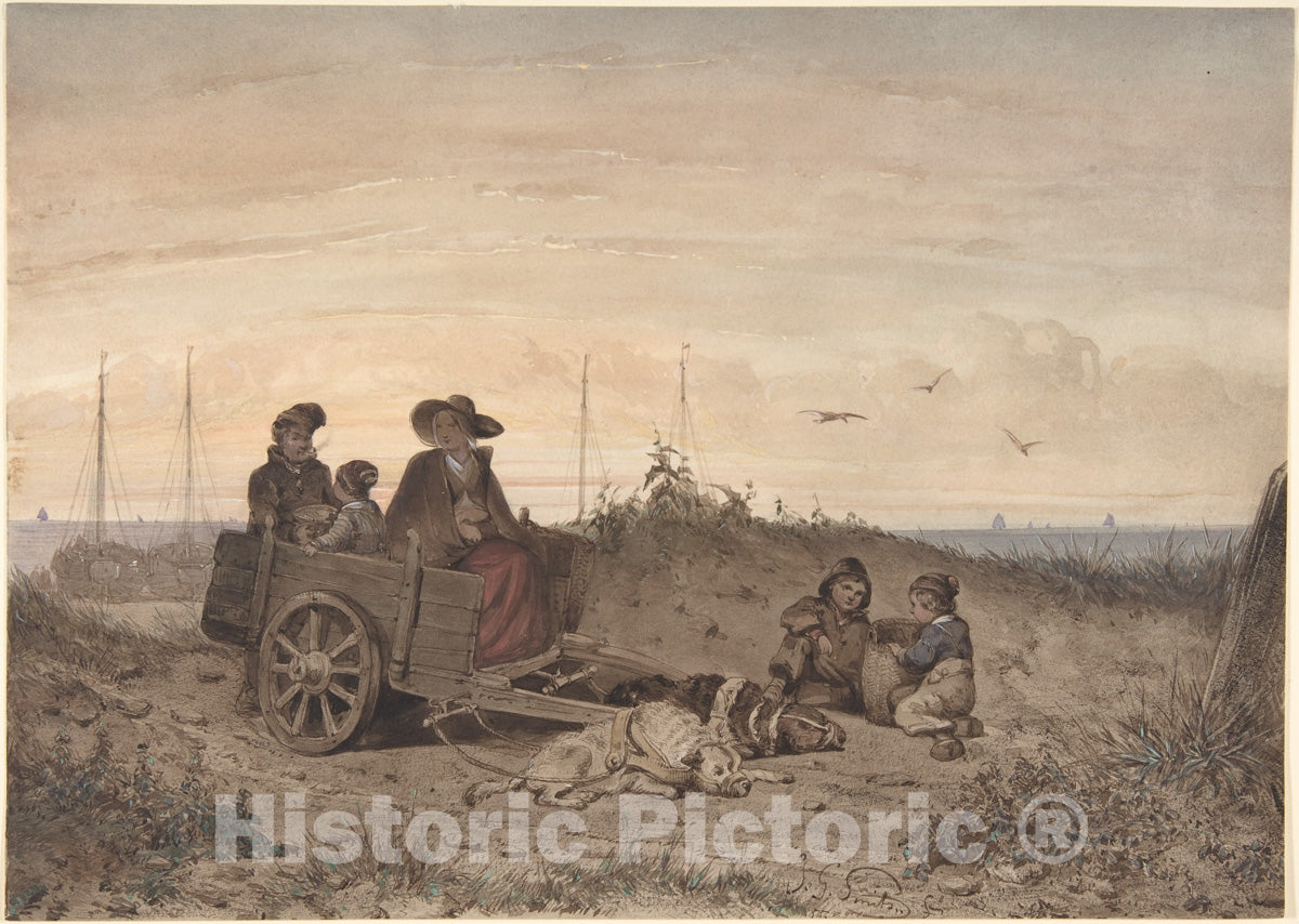 Art Print : Jan Gerard Smits - A Fisherman's Family at The Beach, The Mother and One of The Children Sitting in a Cart : Vintage Wall Art