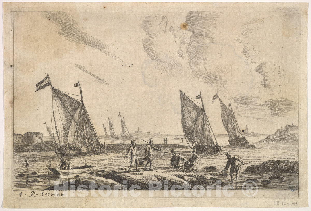 Art Print : Reinier Nooms, Called Zeeman - View of Inland Waterway with Fisherman : Vintage Wall Art