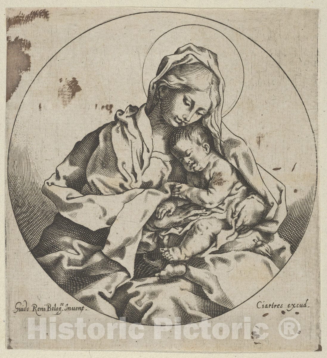 Art Print : Anonymous, 17th Century - The Virgin Holding The Infant Christ, a Circular Composition, After Reni 1 : Vintage Wall Art
