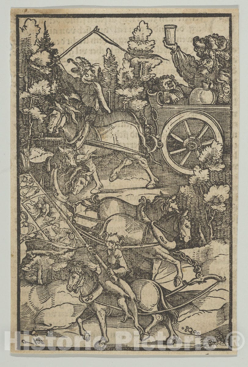 Art Print : Hans Schäufelein - The Drunken Man on a Chariot on his Way to Hell, from Hymmelwagen auff dem, wer WOL lebt. : Vintage Wall Art