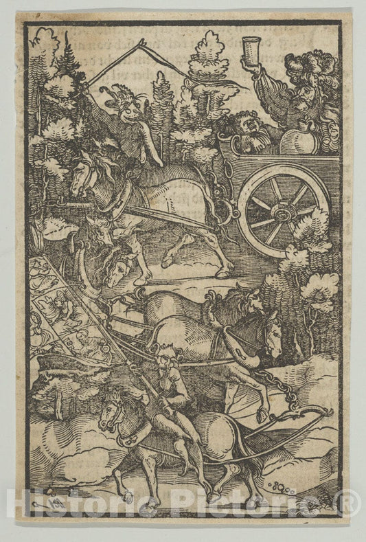Art Print : Hans Schäufelein - The Drunken Man on a Chariot on his Way to Hell, from Hymmelwagen auff dem, wer WOL lebt. : Vintage Wall Art