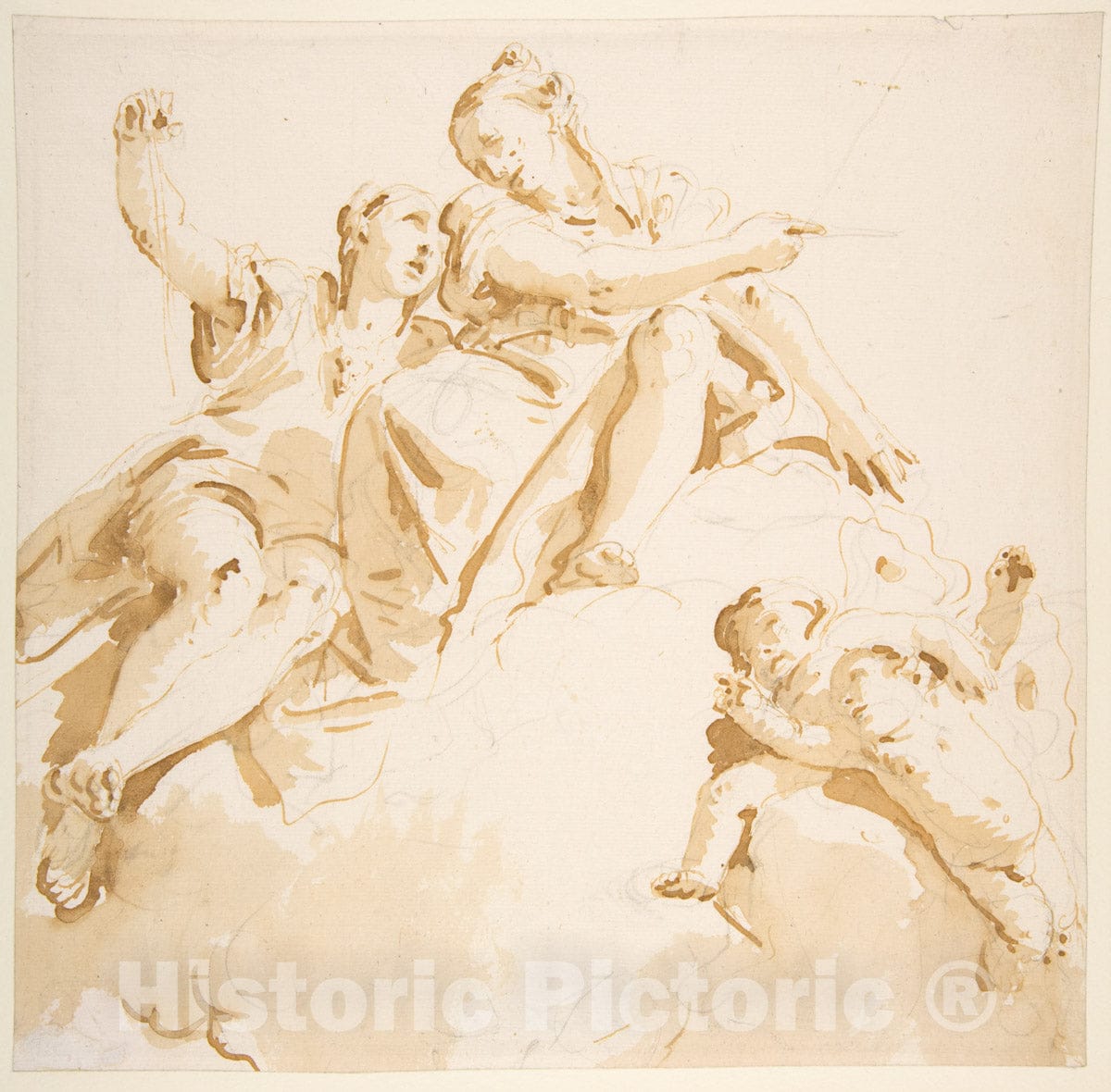 Art Print : Giovanni Battista Tiepolo - Two Women Seated on a Cloud, and Two Putti : Vintage Wall Art