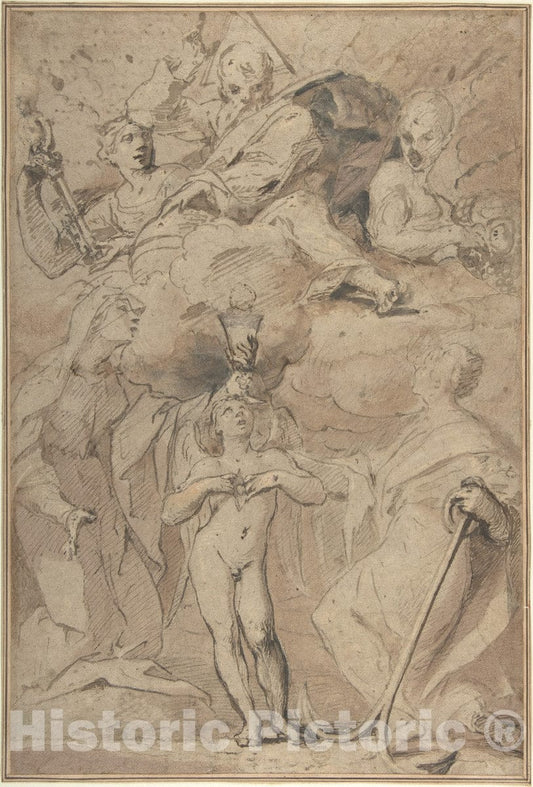 Art Print : Ludovico Lana - Allegory of Religion: God The Father Above, Faith, Hope, and Charity Below : Vintage Wall Art