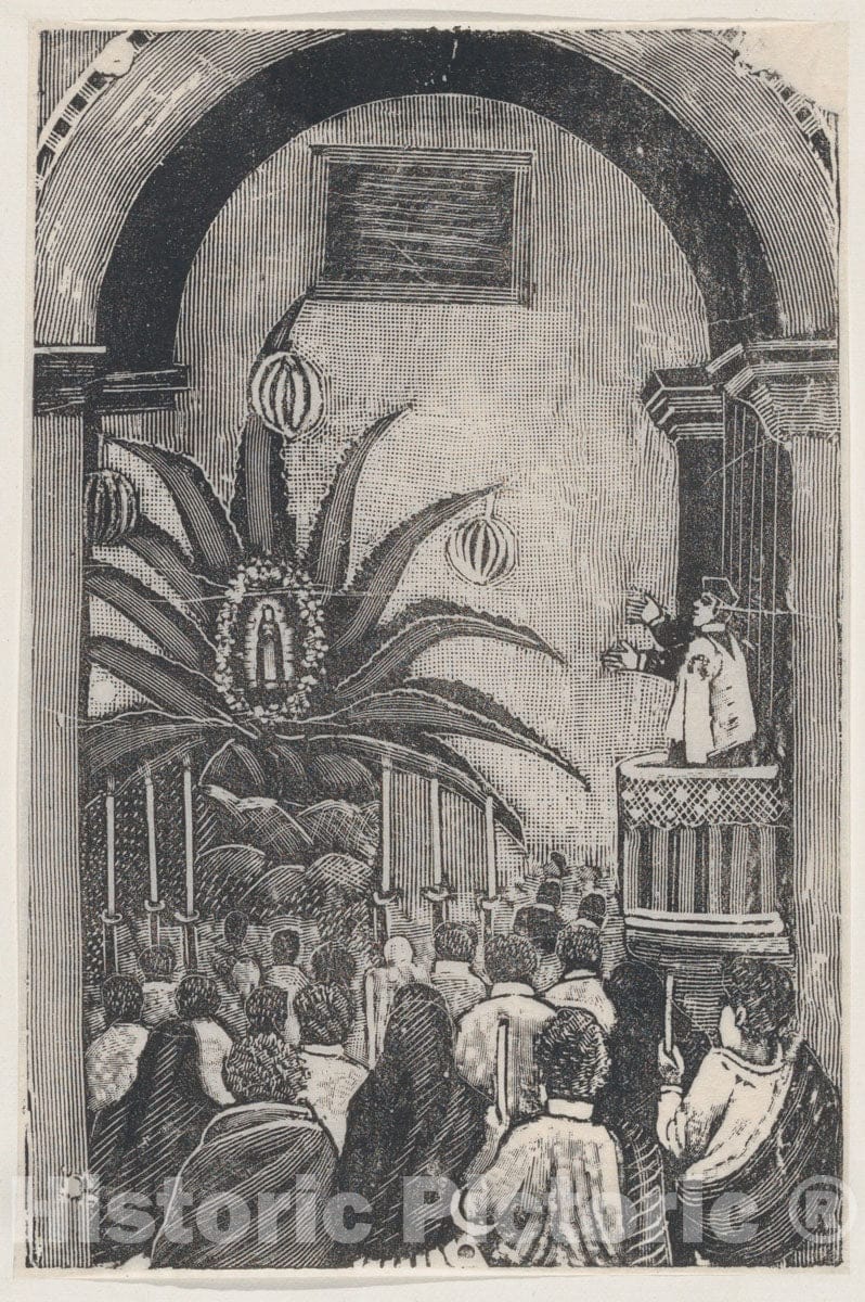 Art Print : José Guadalupe Posada - A Priest conducting Mass from a Balcony, an Image of The Virgin of Guadalupe Set in Palm Tree : Vintage Wall Art