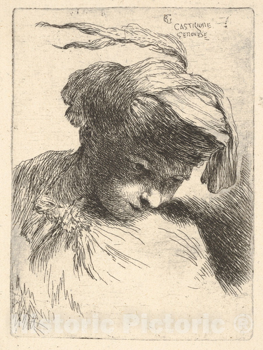 Art Print : Giovanni Benedetto Castiglione (Il Grechetto) - (Male Head) 1 : Vintage Wall Art