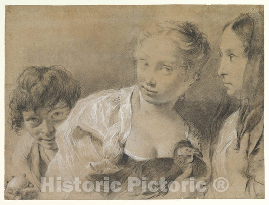 Art Print : Giovanni Battista Piazzetta - Boy with an Egg, Girl with a Hen, and a Watching Woman : Vintage Wall Art