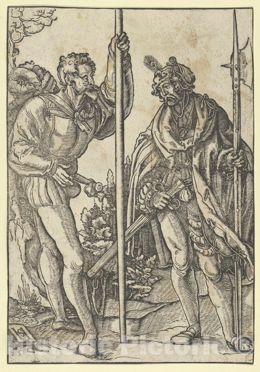 Art Print : Hans Schäufelein - Two Soldiers with Lance and Halberd Conversing 2 : Vintage Wall Art