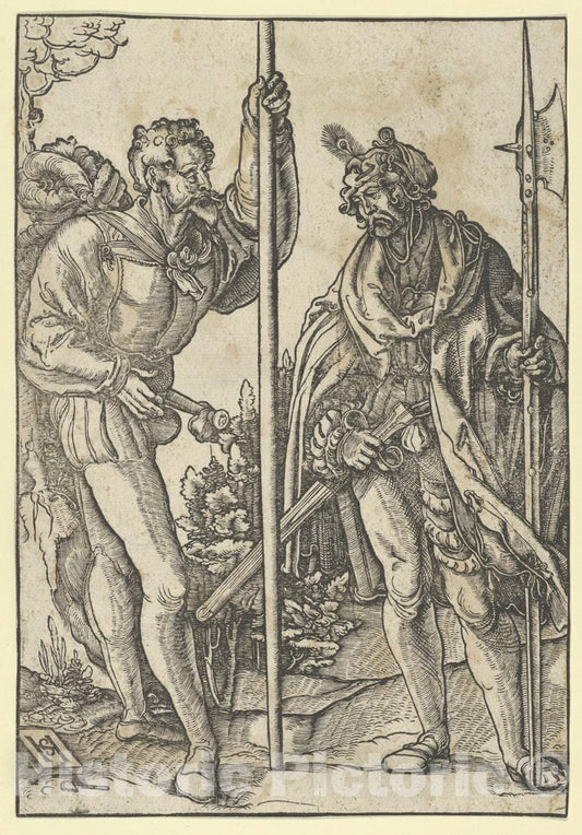 Art Print : Hans Schäufelein - Two Soldiers with Lance and Halberd Conversing 2 : Vintage Wall Art