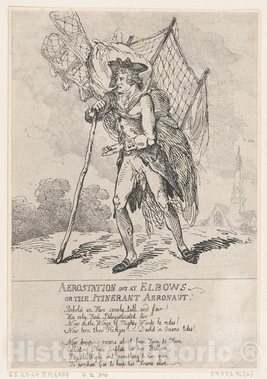 Art Print : Thomas Rowlandson - Aerostation Out at Elbows, or The Itinerant Aeronaut 3 : Vintage Wall Art