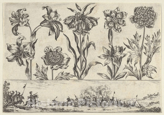 Art Print : Nicolas Cochin - Horizontal Panel with a Row of Flowers Above a Frieze with a Battle Scene in a Landscape, from Livre Nouveau de Fleurs Tres-Util 1 : Vintage Wall Art