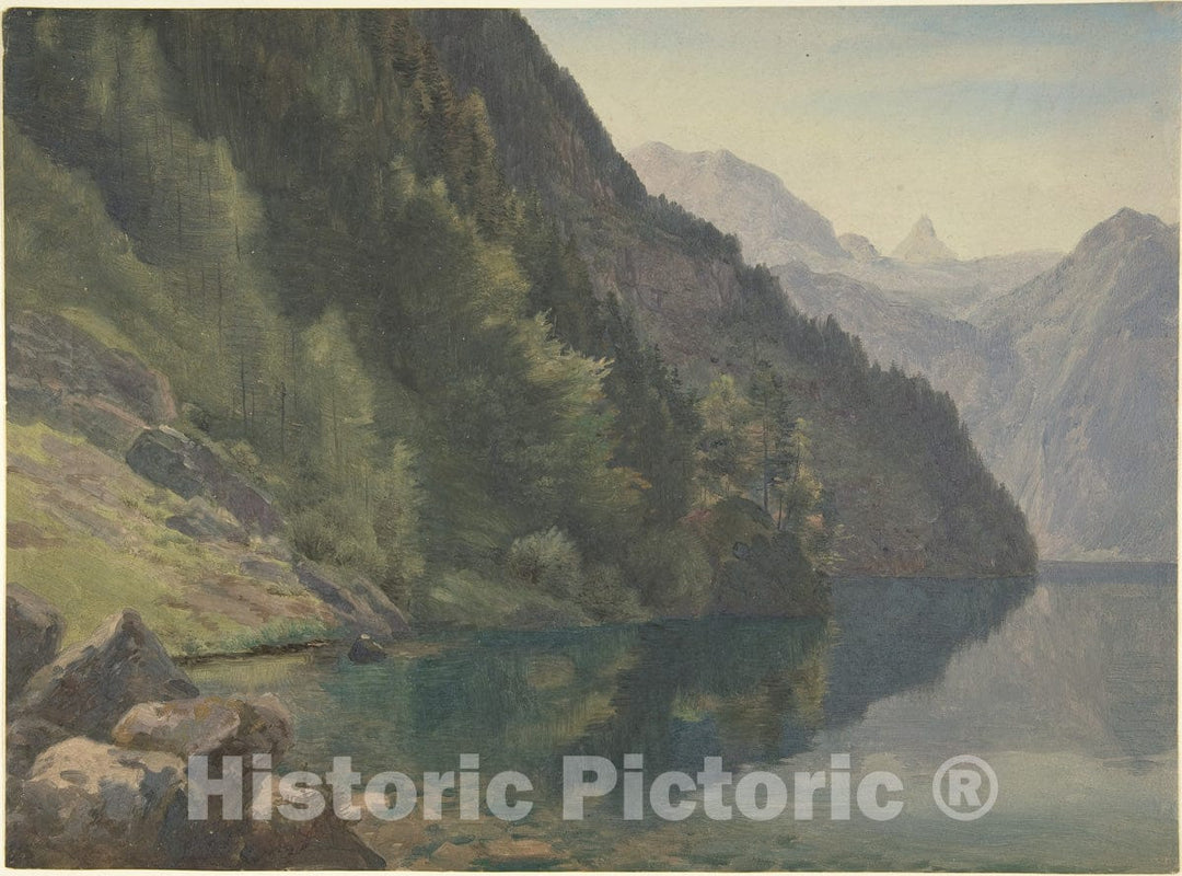 Art Print : Johann Heinrich Schilbach - Wooded Shore at The King Lake (Königsee) : Vintage Wall Art