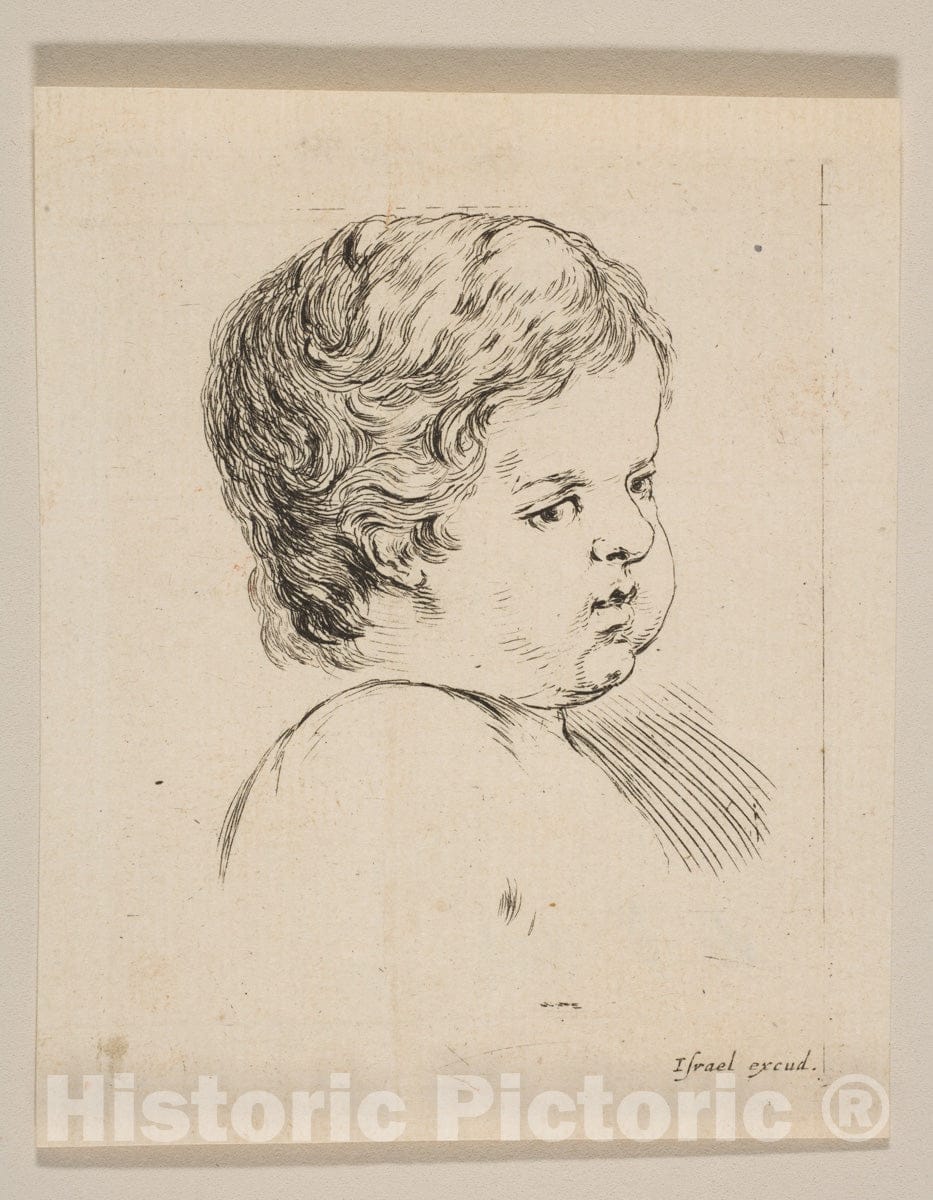 Art Print : Stefano Della Bella - Plate 12: Head of a Child, from 'The Book for Learning to Draw' (Livre Pour apprendre à dessiner) 2 : Vintage Wall Art