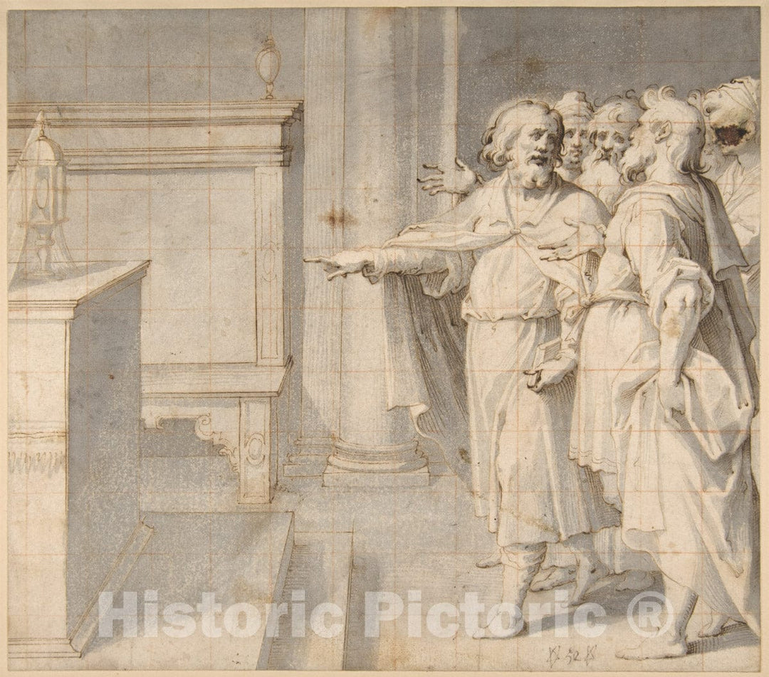 Art Print : Giovanni Battista Trotti (Il Malosso) - A Male Saint Followed by a Group of Men, Pointing to a Monstrance on an Altar : Vintage Wall Art