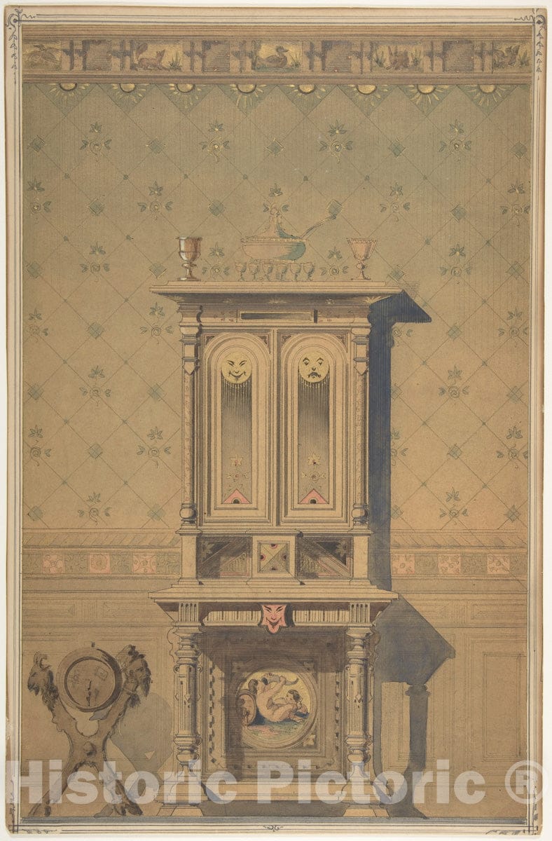 Art Print : German, 19th Century - Design for a Cabinet in an Interior Setting : Vintage Wall Art