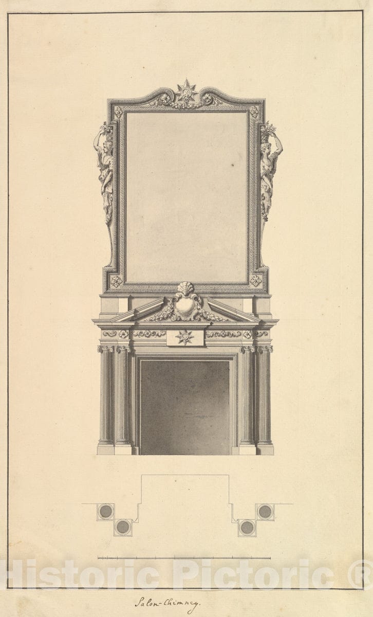 Art Print : Isaac Ware - Salon Chimney, Houghton Hall, Norfolk, Elevation : Vintage Wall Art