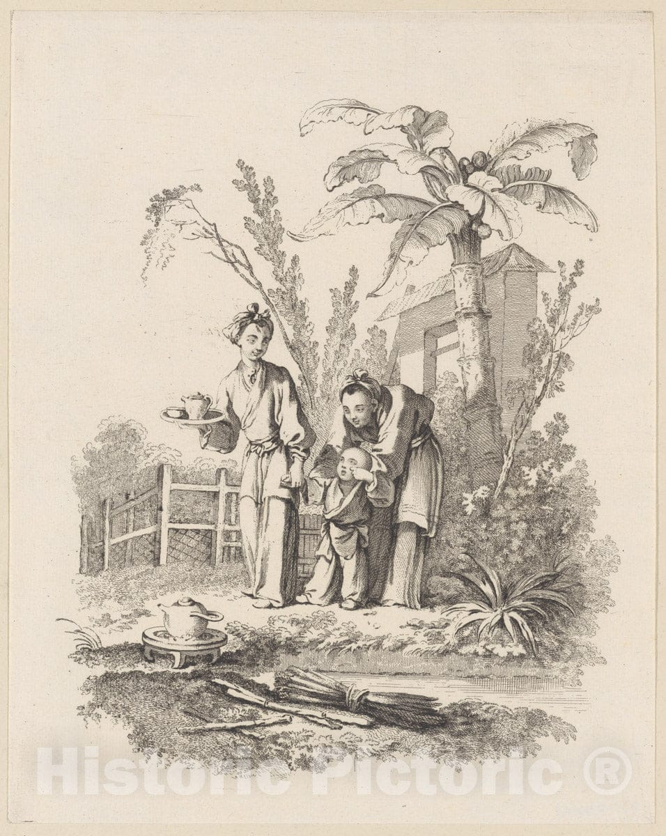 Art Print : Gabriel Huquier - Two Women Leading a Child Toward a Teapot on a Table Near a Pond : Vintage Wall Art