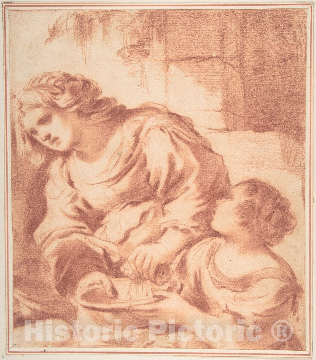 Art Print : Woman Soaking a Cloth in a Bowl Held by a Girl (copy from Guercino's Saint Sebastian Tended by Irene) - Artist: Guercino  - c1591 : Vintage Wall Art