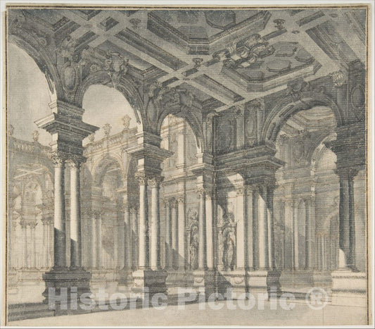 Art Print : Giuseppe Galli Bibiena - Design for a Stage Set with a Monumental Arcaded Courtyard. : Vintage Wall Art