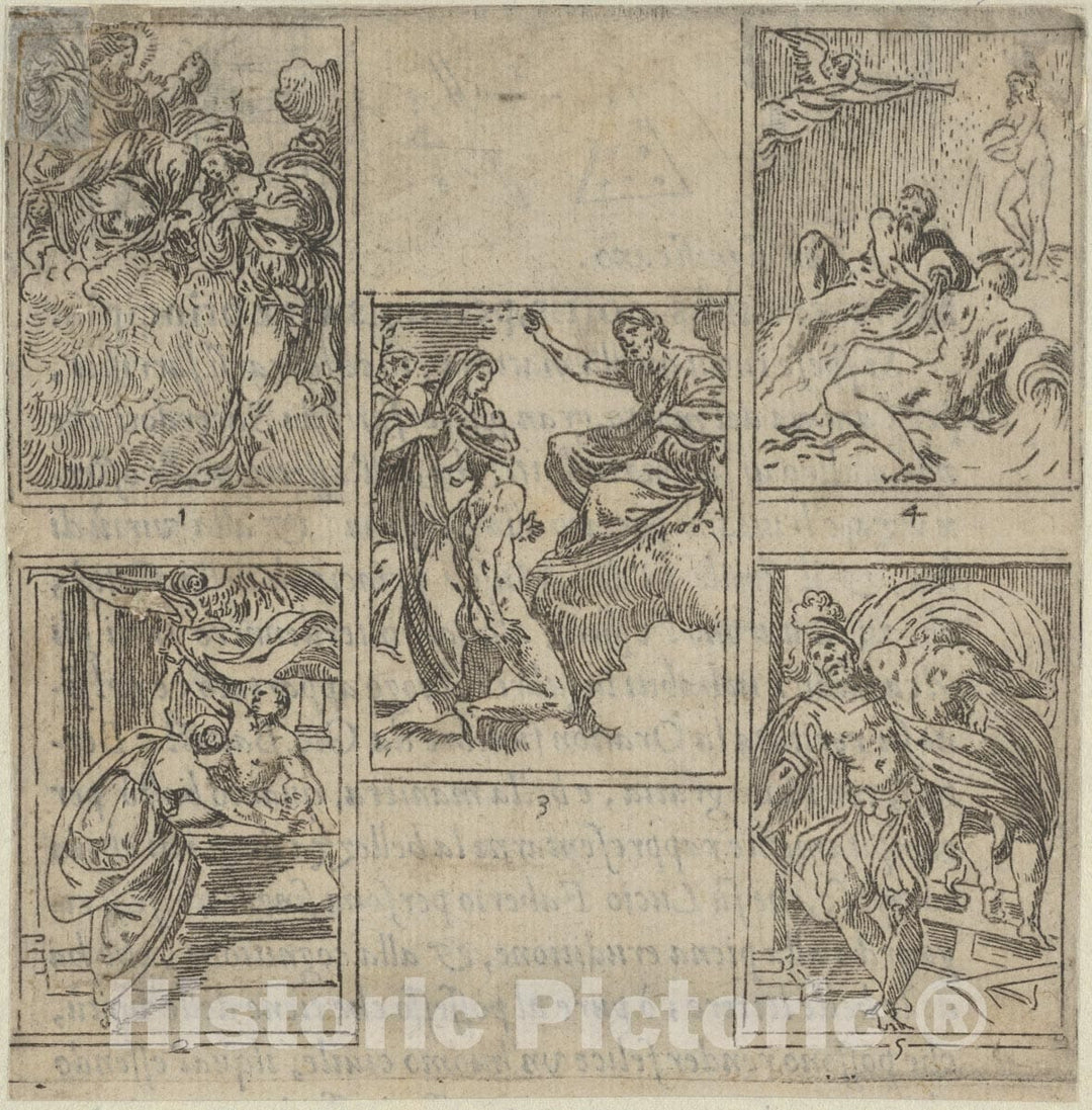 Art Print : Five Numbered Scenes, Each After a Painter in The Accademia Degl'Incamminati. - Artist: Guido Reni - Created: 1603 : Vintage Wall Art