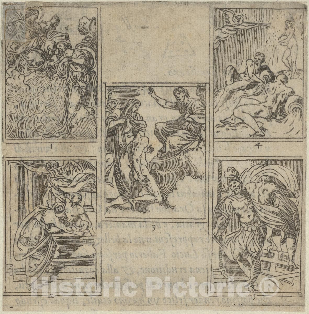 Art Print : Five Numbered Scenes, Each After a Painter in The Accademia Degl'Incamminati. - Artist: Guido Reni - Created: 1603 : Vintage Wall Art