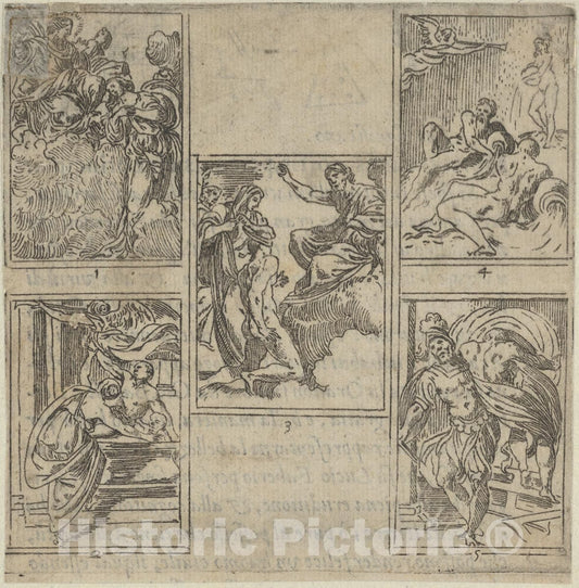 Art Print : Five Numbered Scenes, Each After a Painter in The Accademia Degl'Incamminati. - Artist: Guido Reni - Created: 1603 : Vintage Wall Art