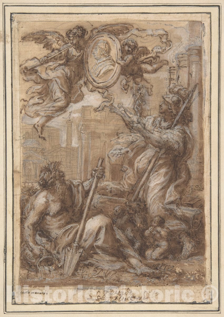Art Print : Circle of Carlo Maratti - Rome and The Tiber Paying Homage to a Pope (Clement XI ?) : Vintage Wall Art