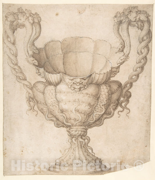 Art Print : Giulio Romano - Design for a Decorated Drinking Cup with Floriated Heads Around Large Mouth, Intertwined Serpents as Handles : Vintage Wall Art