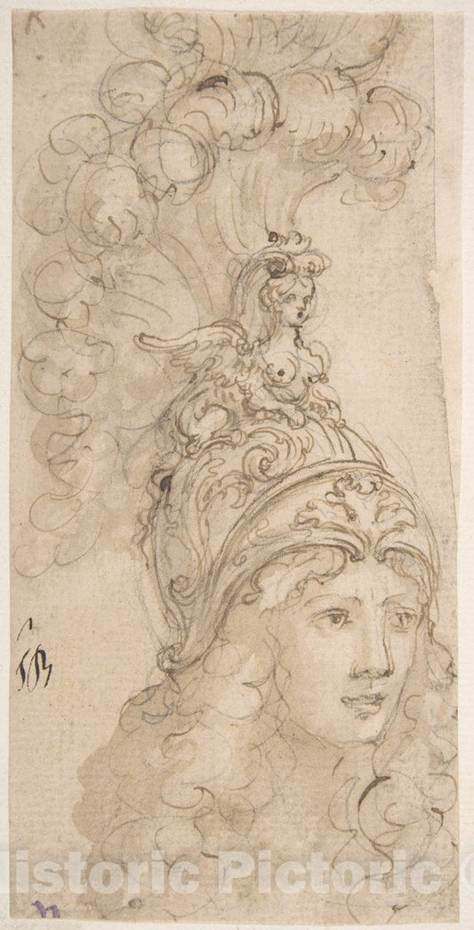 Art Print : Giovanni Battista Foggini - Design for a Helmet with a Sphinx Presented in 3/4 View : Vintage Wall Art