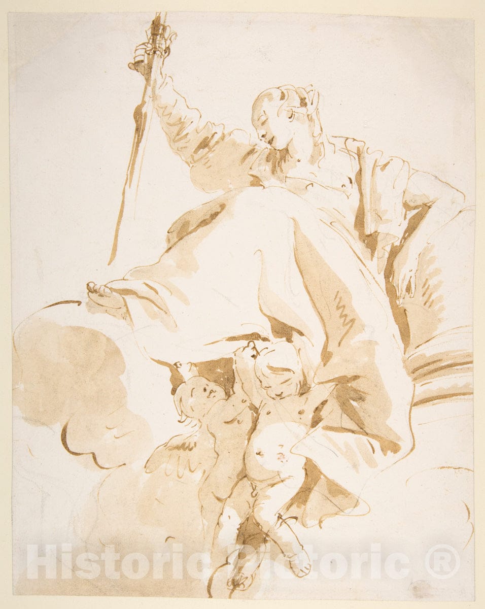 Art Print : Giovanni Battista Tiepolo - Seated Women Holding Aloft a Sword, and Supported by Two Putti : Vintage Wall Art