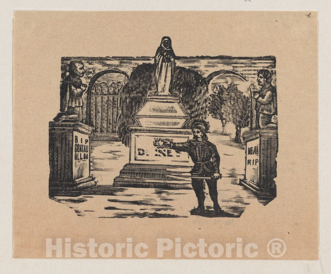 Art Print : José Guadalupe Posada - A Man Standing in Front of Three Monuments : Vintage Wall Art