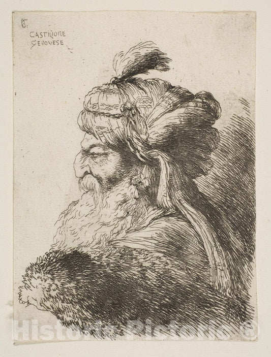 Art Print : Giovanni Benedetto Castiglione (Il Grechetto) - Head of an Old Man with a Turban Facing Left : Vintage Wall Art