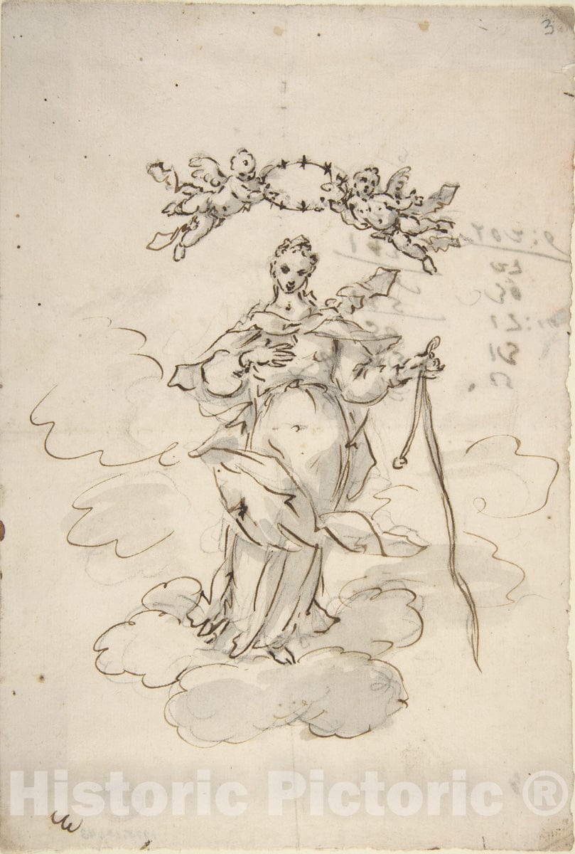Art Print : Giovanni Antonio Pellegrini - Virgin Standing on Clouds Holding a Scapular in Her Left Hand : Vintage Wall Art