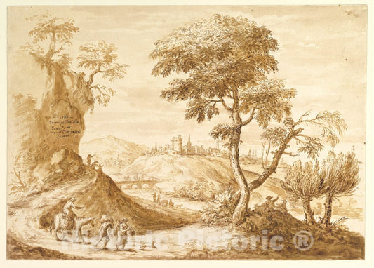 Art Print : Anton Maria Zanetti The Elder - Landscape with a Town in The Distance : Vintage Wall Art