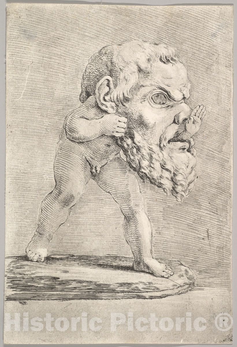 Art Print : Stefano Della Bella - A Child Wearing a Large mask and Inserting his Hand Through The Mouth : Vintage Wall Art