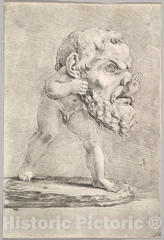 Art Print : Stefano Della Bella - A Child Wearing a Large mask and Inserting his Hand Through The Mouth : Vintage Wall Art