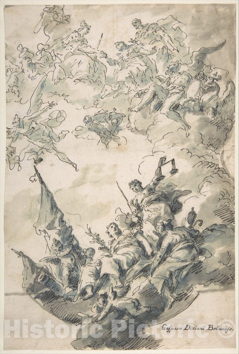 Art Print : Gaspare Diziani - Design for a Ceiling: Venice Receiving Homage : Vintage Wall Art
