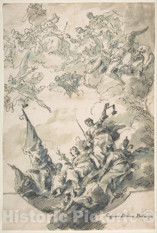Art Print : Gaspare Diziani - Design for a Ceiling: Venice Receiving Homage : Vintage Wall Art