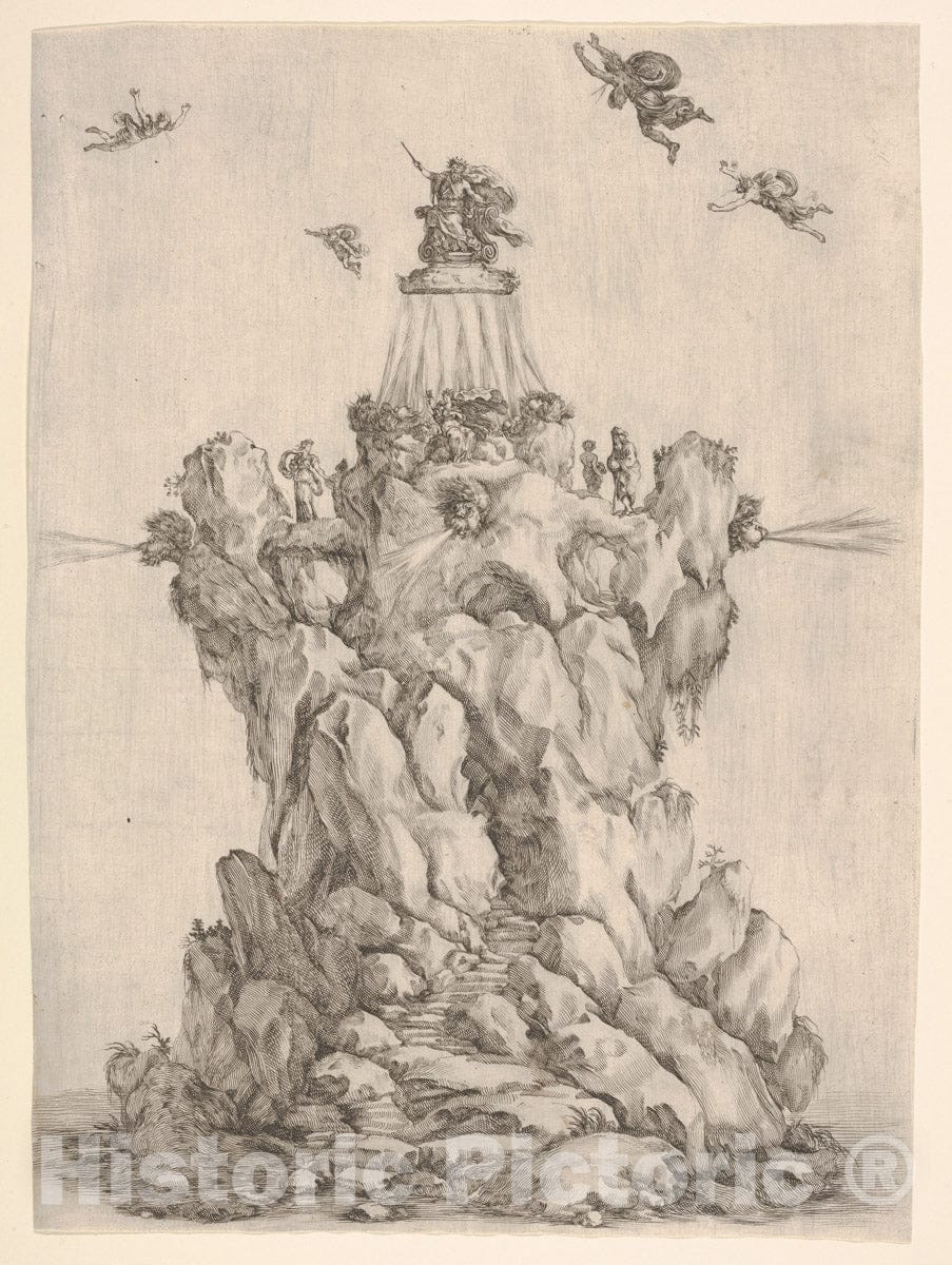 Art Print : The Rock of Aeolus, Surrounded by Water - Artist: Stefano Della Bella - Created: 1652 : Vintage Wall Art
