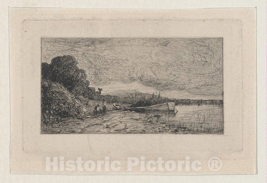 Art Print : Adolphe Appian - Barge on The Bank of a River : Vintage Wall Art