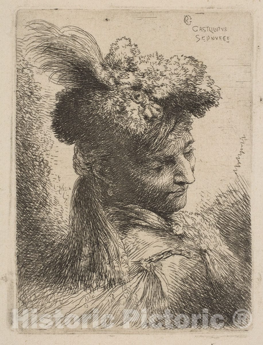 Art Print : Giovanni Benedetto Castiglione (Il Grechetto) - Young Man Facing Three Quaters Right Wearing a Fur Headdress with a Plume, Jewel and a Headband : Vintage Wall Art