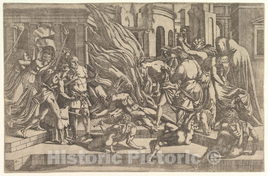 Art Print : Antonio Fantuzzi - Burning of a Male Corpse Surrounded by Dressed and Undressed Figures in a Stepped Architectural Setting : Vintage Wall Art