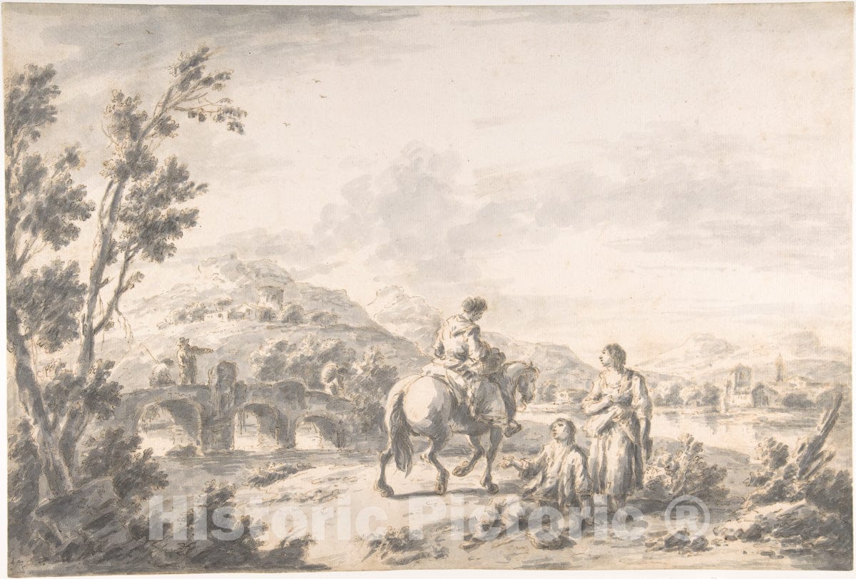 Art Print : Giuseppe Zais - River Landscape with Two Mendicants and Other Figures : Vintage Wall Art
