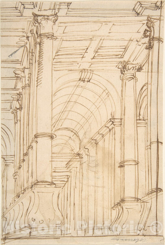Art Print : Italian, 17th Century - Interior with Columns and Vault : Vintage Wall Art