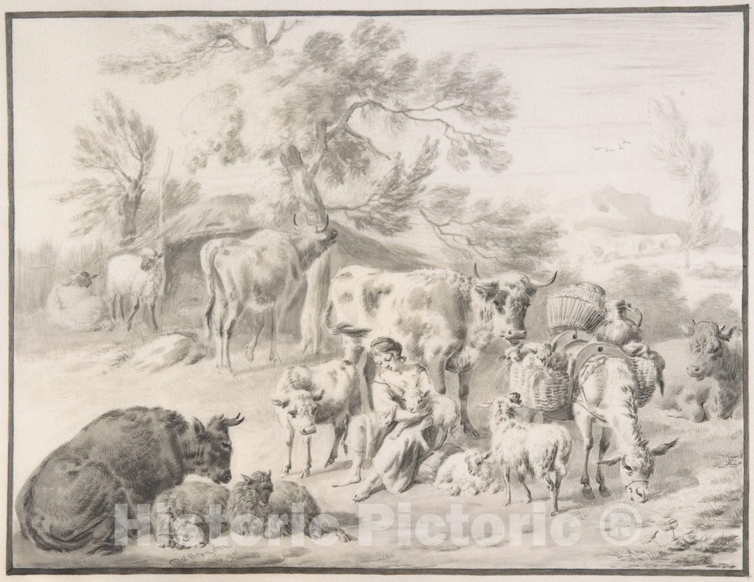 Art Print : Dirck Van Bergen - A Herdswoman Seated Amongst Her Animals, with a Lamb in Her Arms : Vintage Wall Art